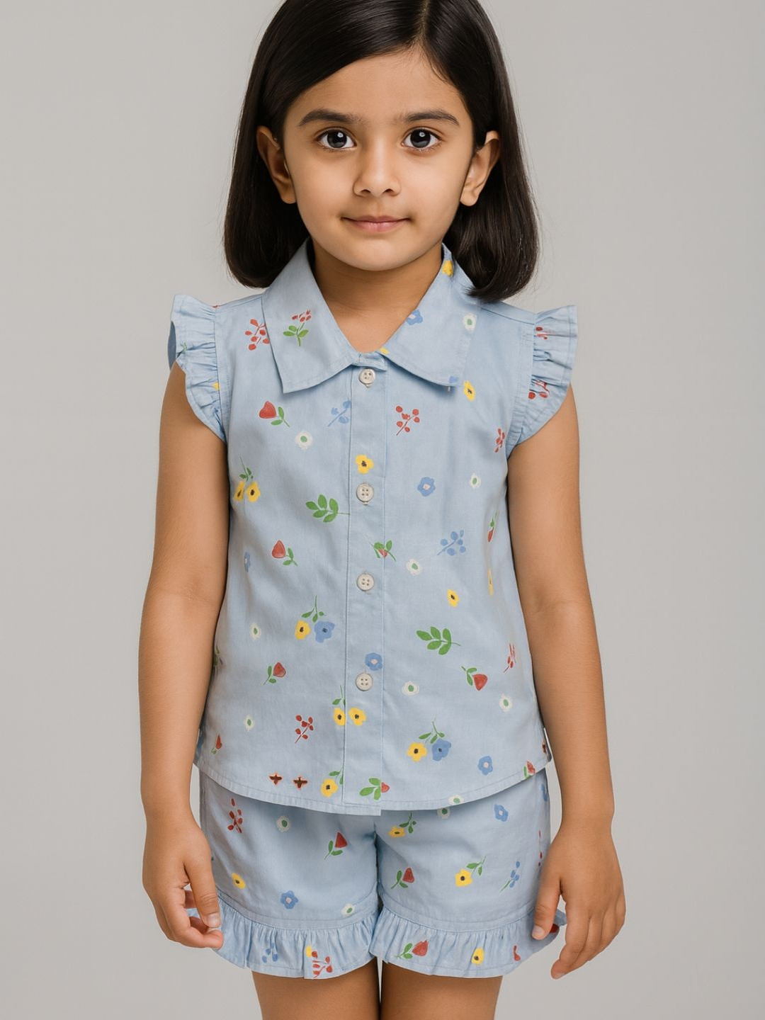 YK Girls Floral Printed Ruffle Detail Top with Shorts