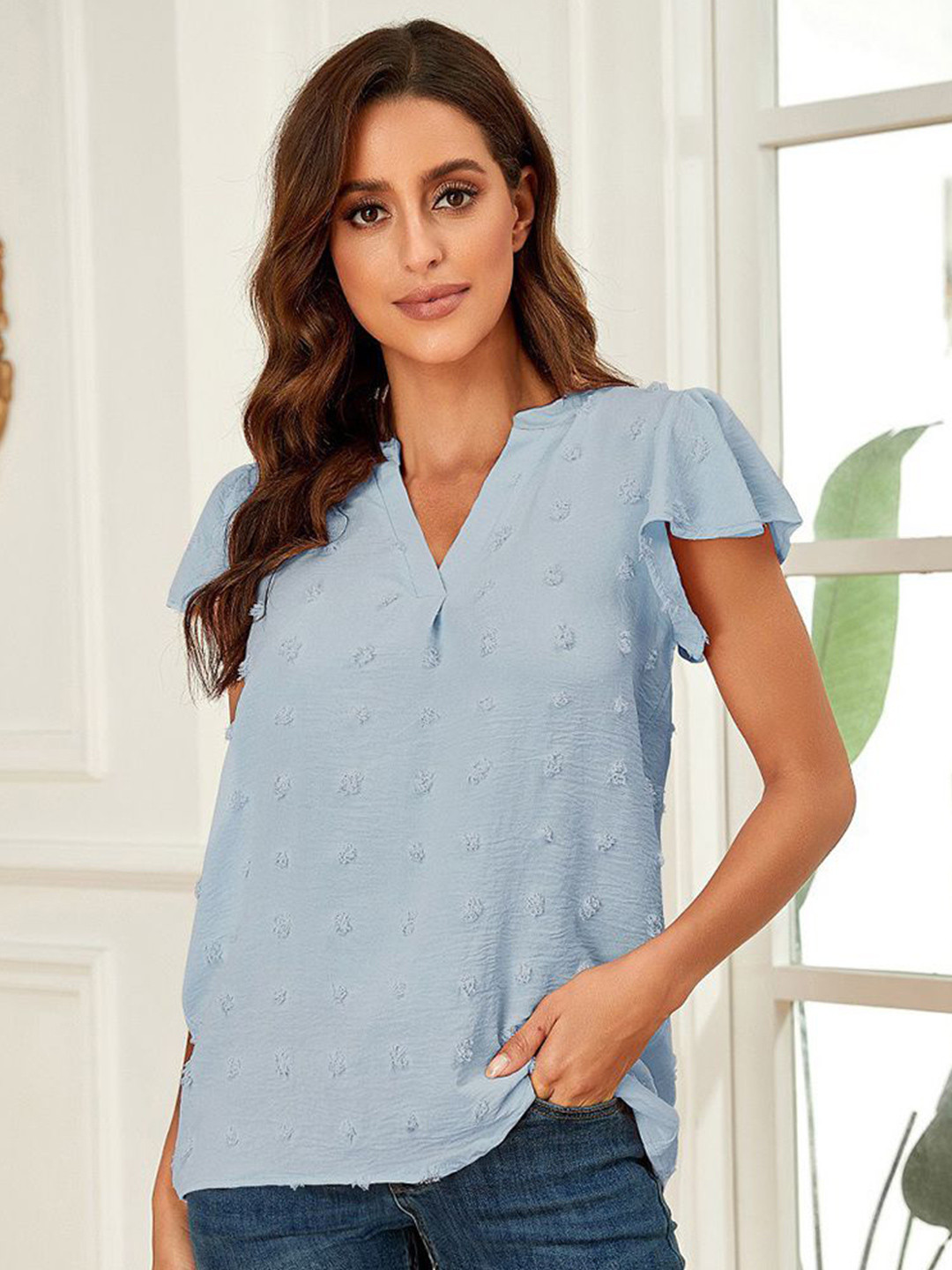 JC Mode Women Self Design Short Sleeve Shirt Style Top