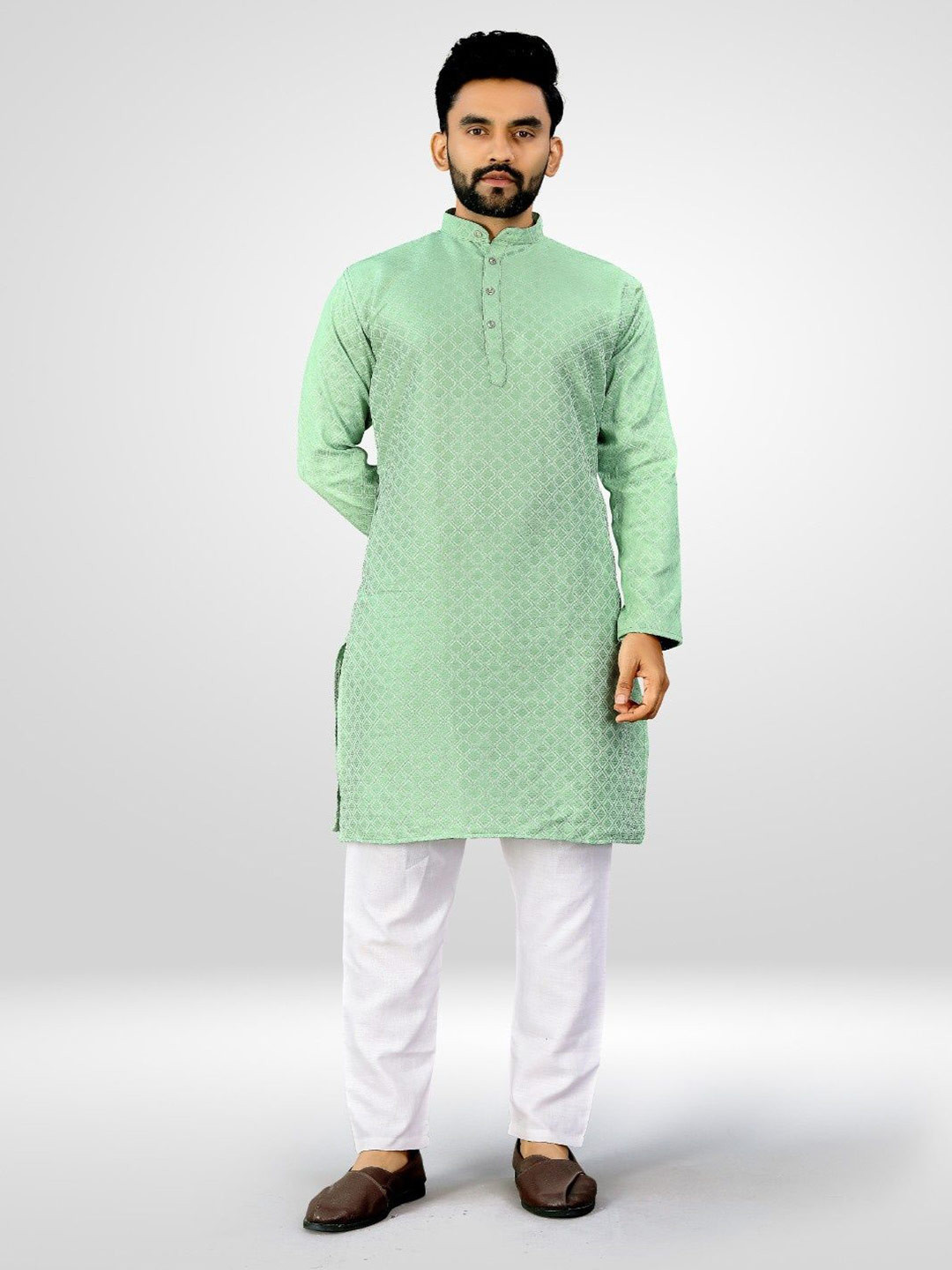 ETHNICSUTRA Men Geometric Woven Design Daily Cotton Straight Kurta