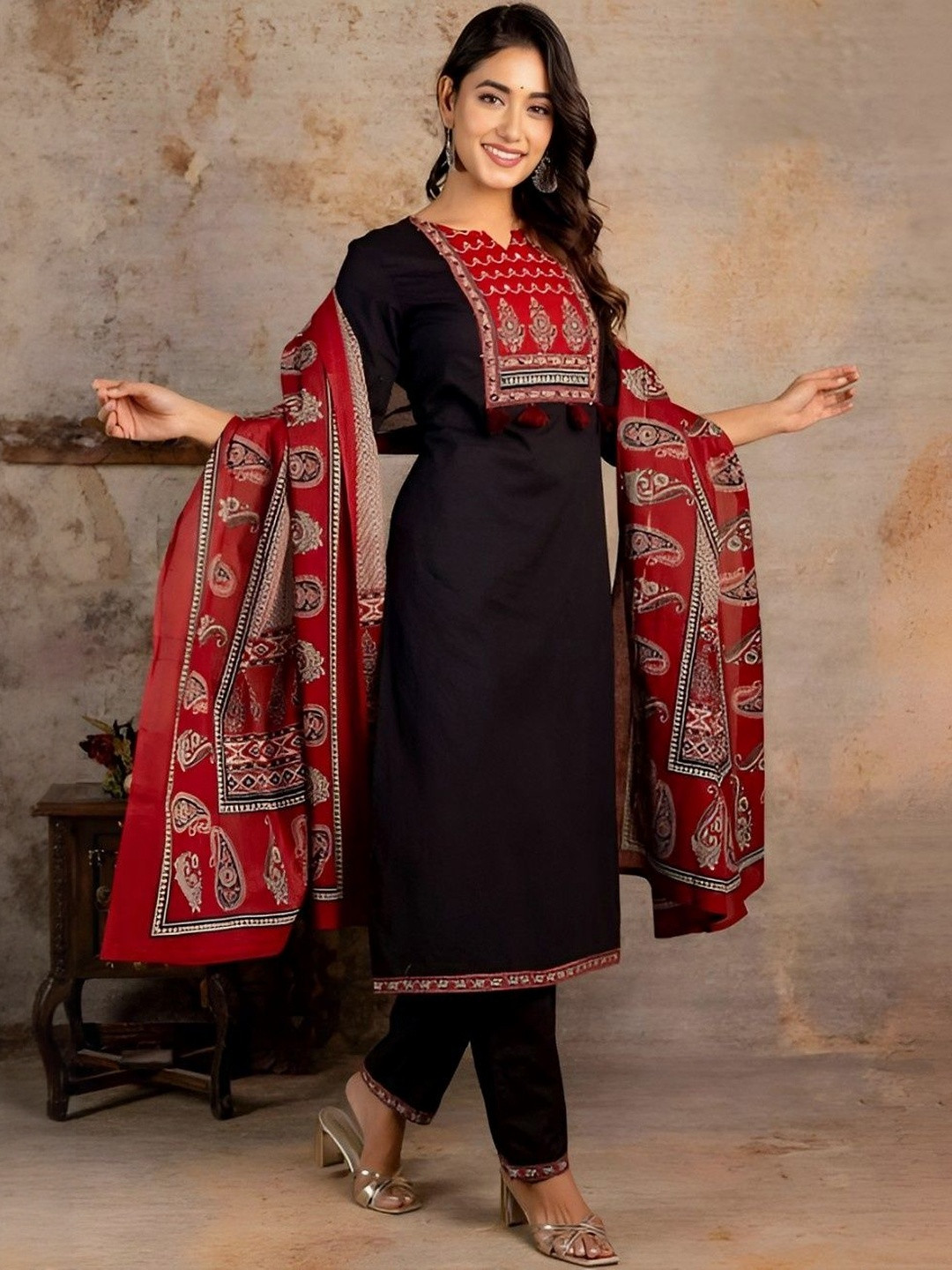KALINI Women's Black Handblock Printed Cotton Anarkali Kurta Set with Dupatta