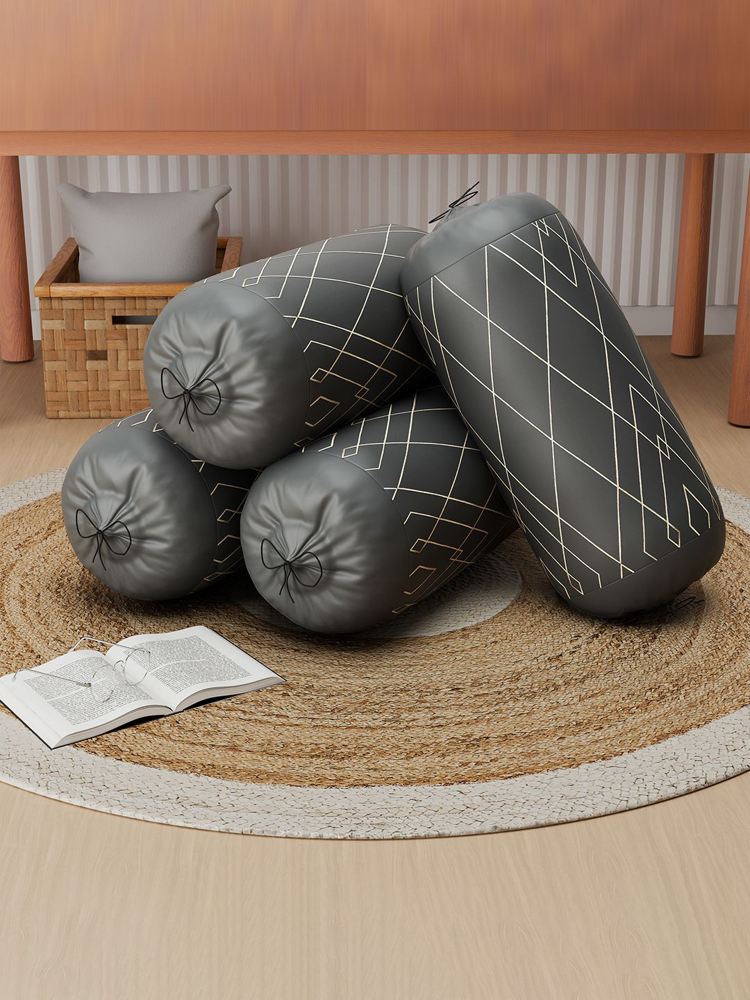 Kuber Industries Unisex Set of 4 Checked Bolster Pillow Cover with Drawstring Closure