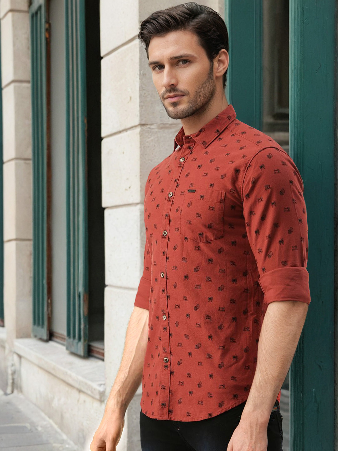 The Indian Garage Co Men Rust Red & Black Slim Fit Printed Casual Shirt