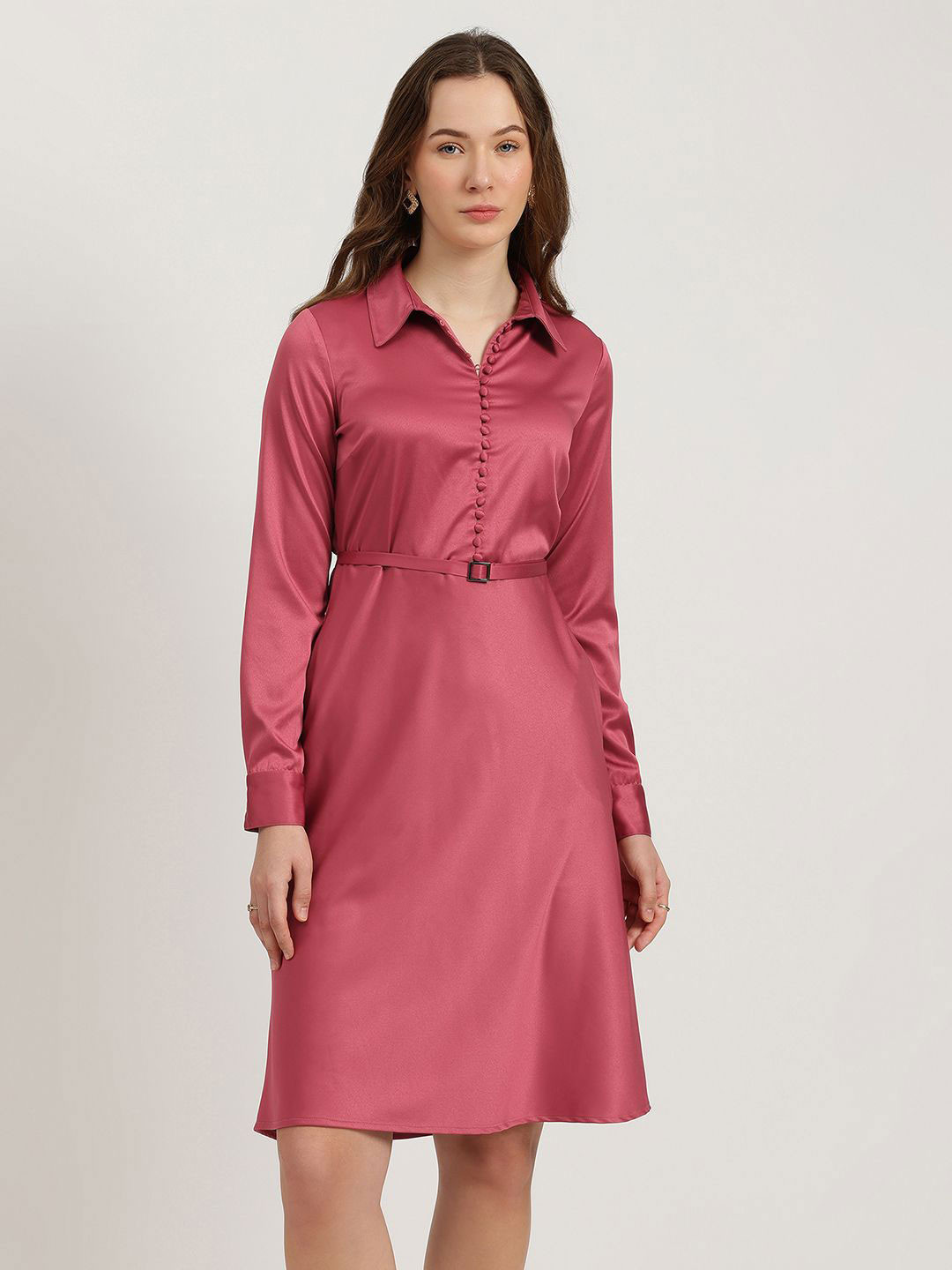 FableStreet Women Soldi Satin Shirt Collar Fit & Flare Dress
