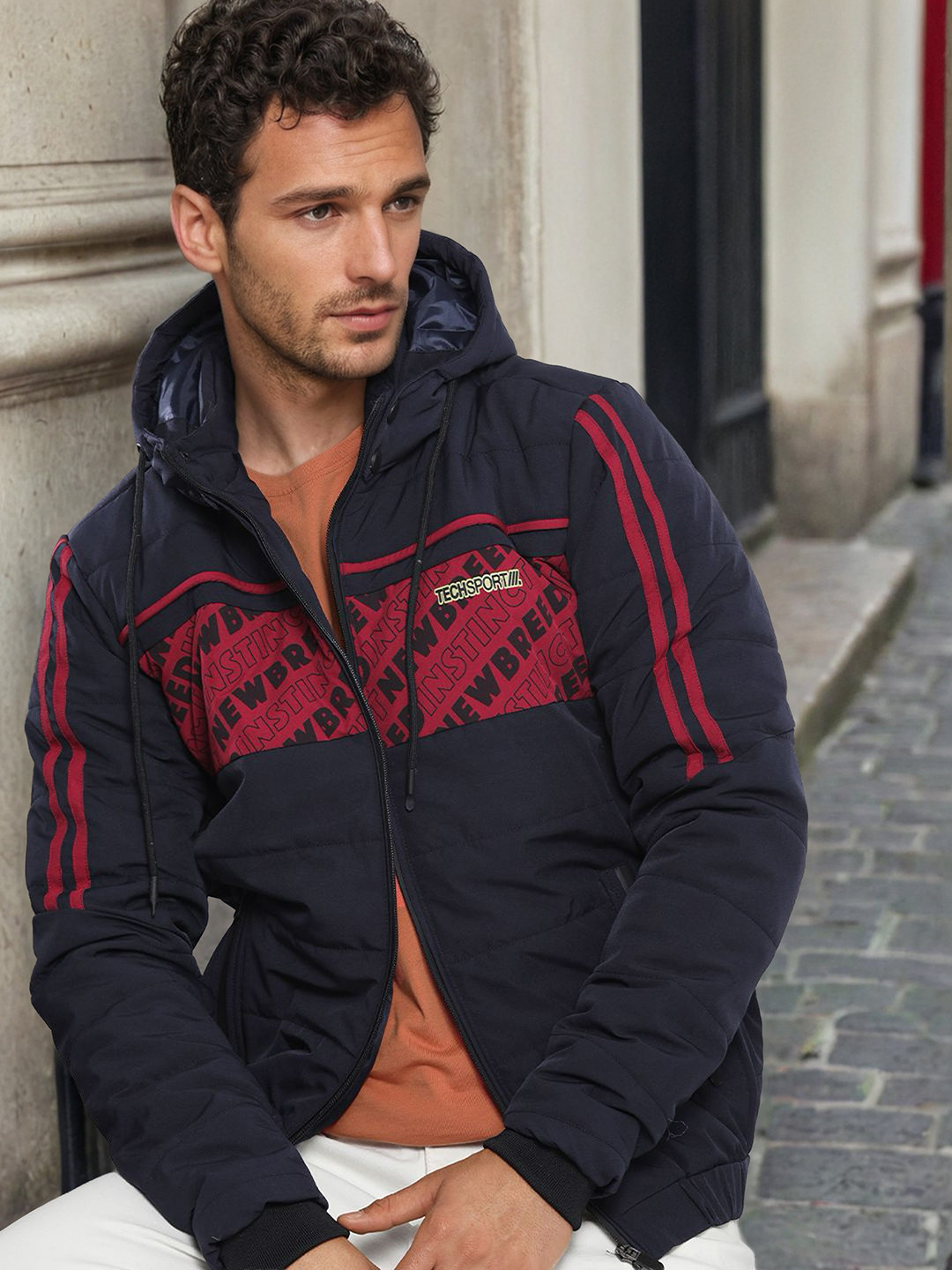 The Indian Garage Co Men Striped Detachable Hood Padded Jacket