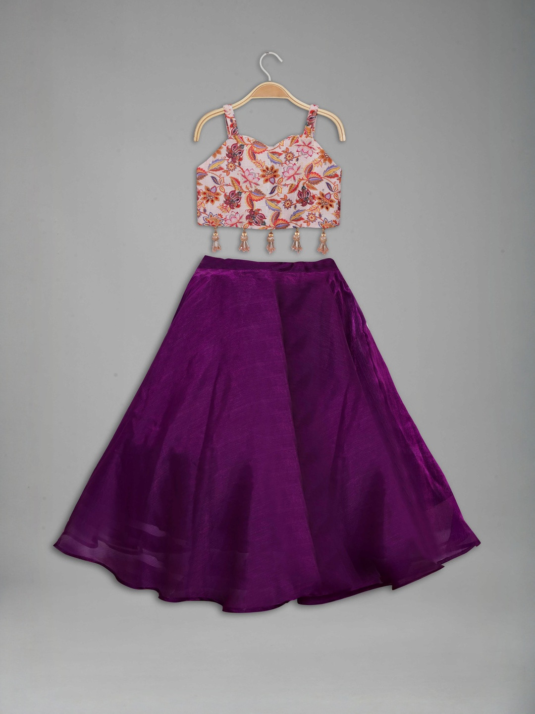 IRSIA Kids Girls Purple Cotton Tissue Beads & Stones Ready to Wear Lehenga Choli