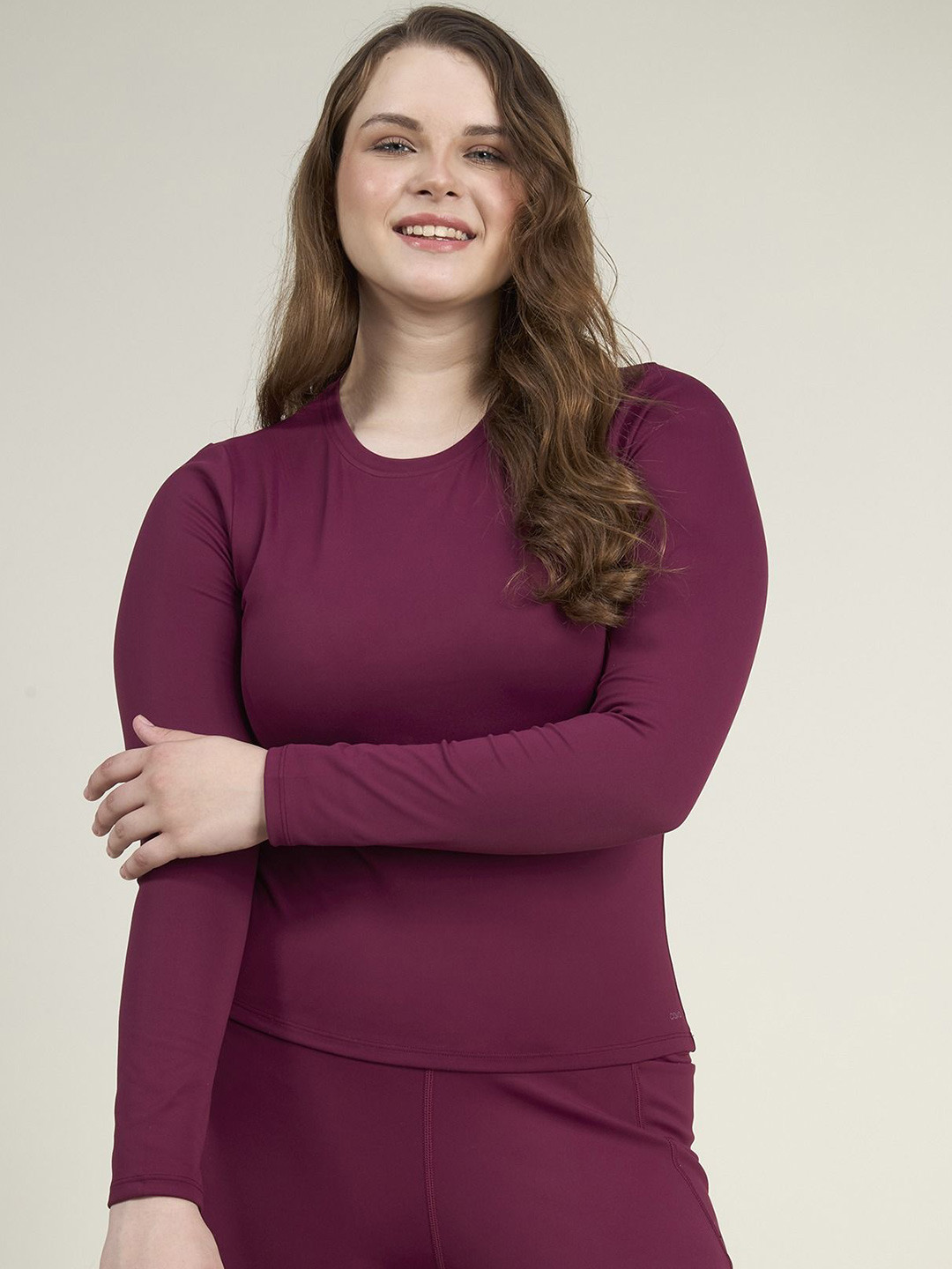 CAVA Women Round Neck Burgundy Sculpt Crew Top