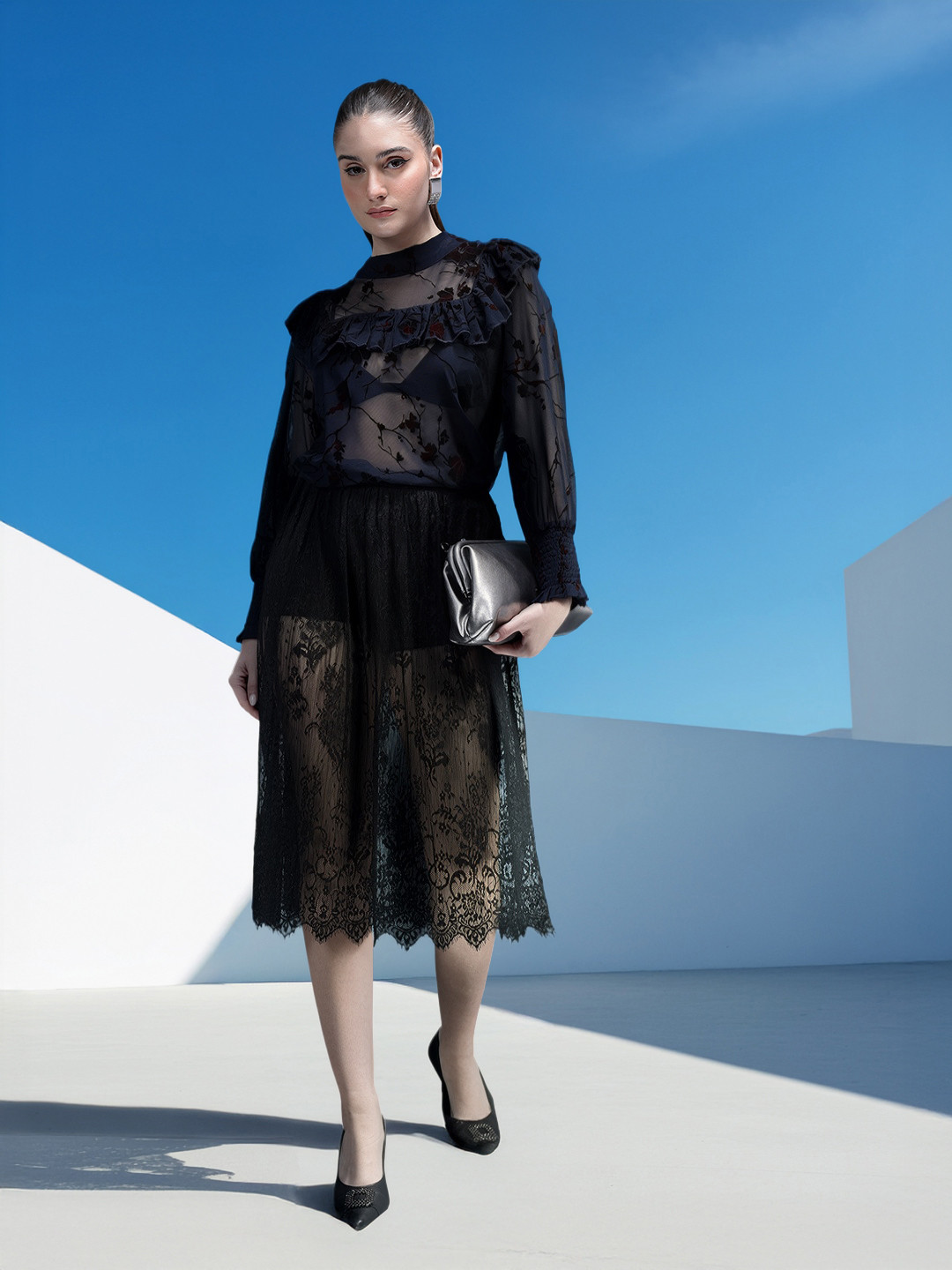 bebe Brighter Basics Floral Print Ruffled Detail Sheer Net Top with Velvet Finish