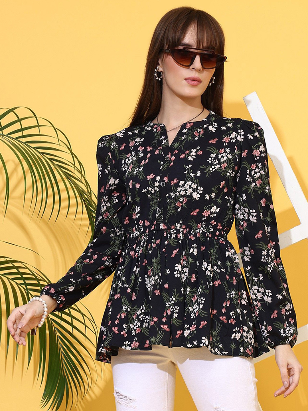 Honky Tonky Women Floral Printed Mandarin Collar Pleated Detail Peplum Top