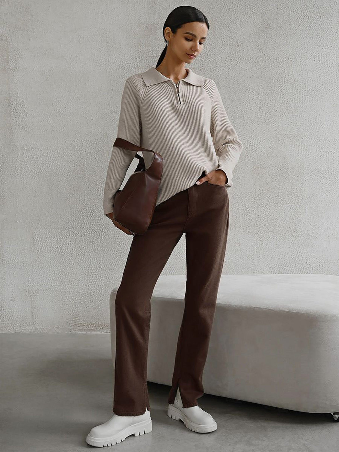 Outzidr Women Collared Zip Up Sweater