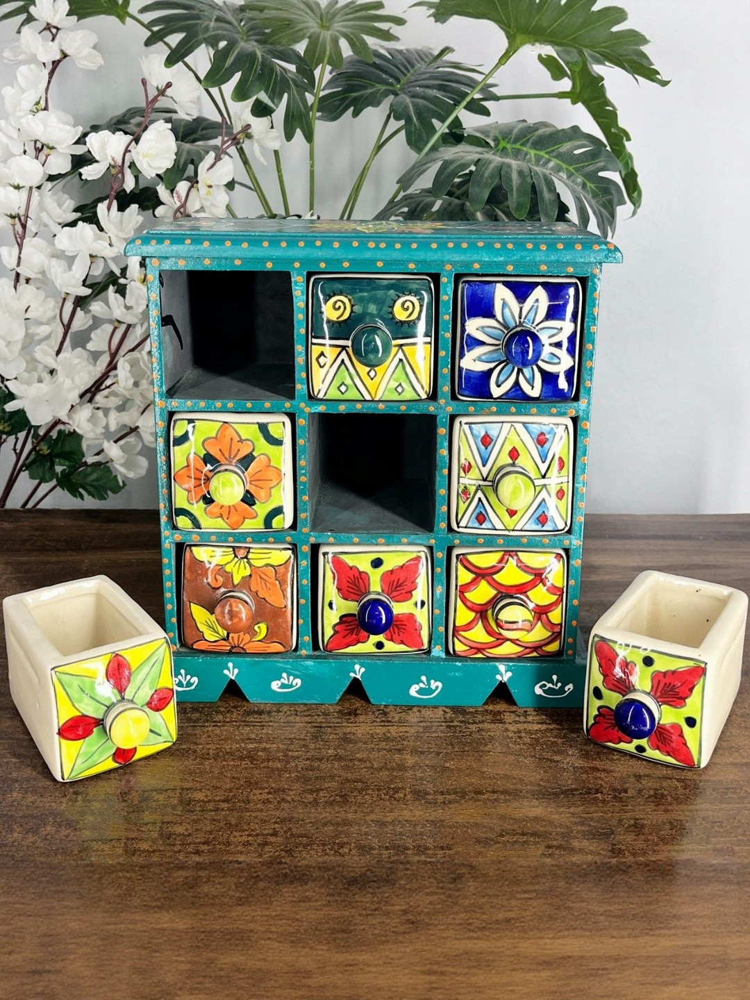 DIWAM HANDICRAFTS Handmade Wooden Drawers Storage Box with 9 Ceramic Compartment