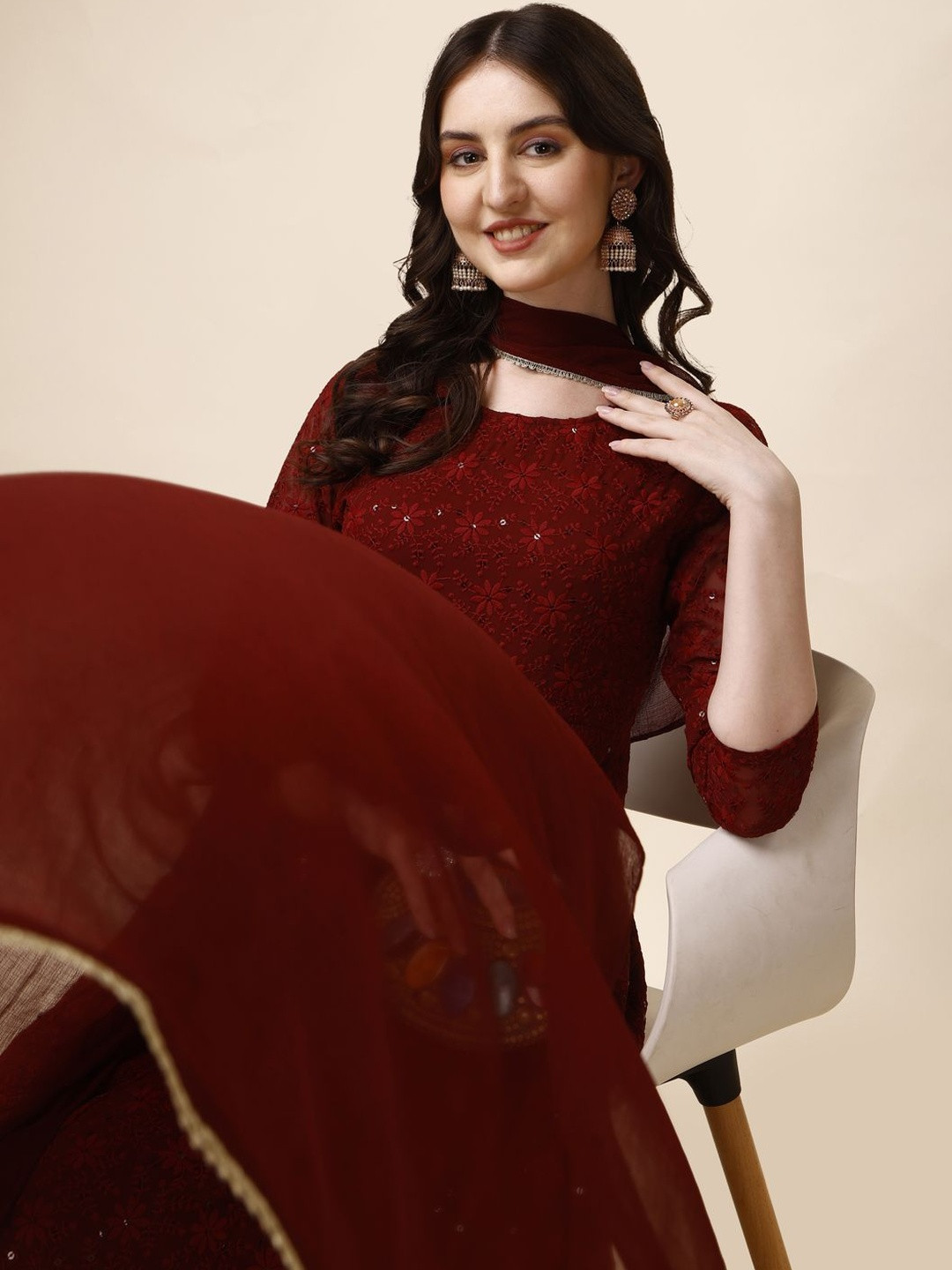 KALINI Schiffly Embroidered Flared Anarkali Kurta with pant & Dupatta