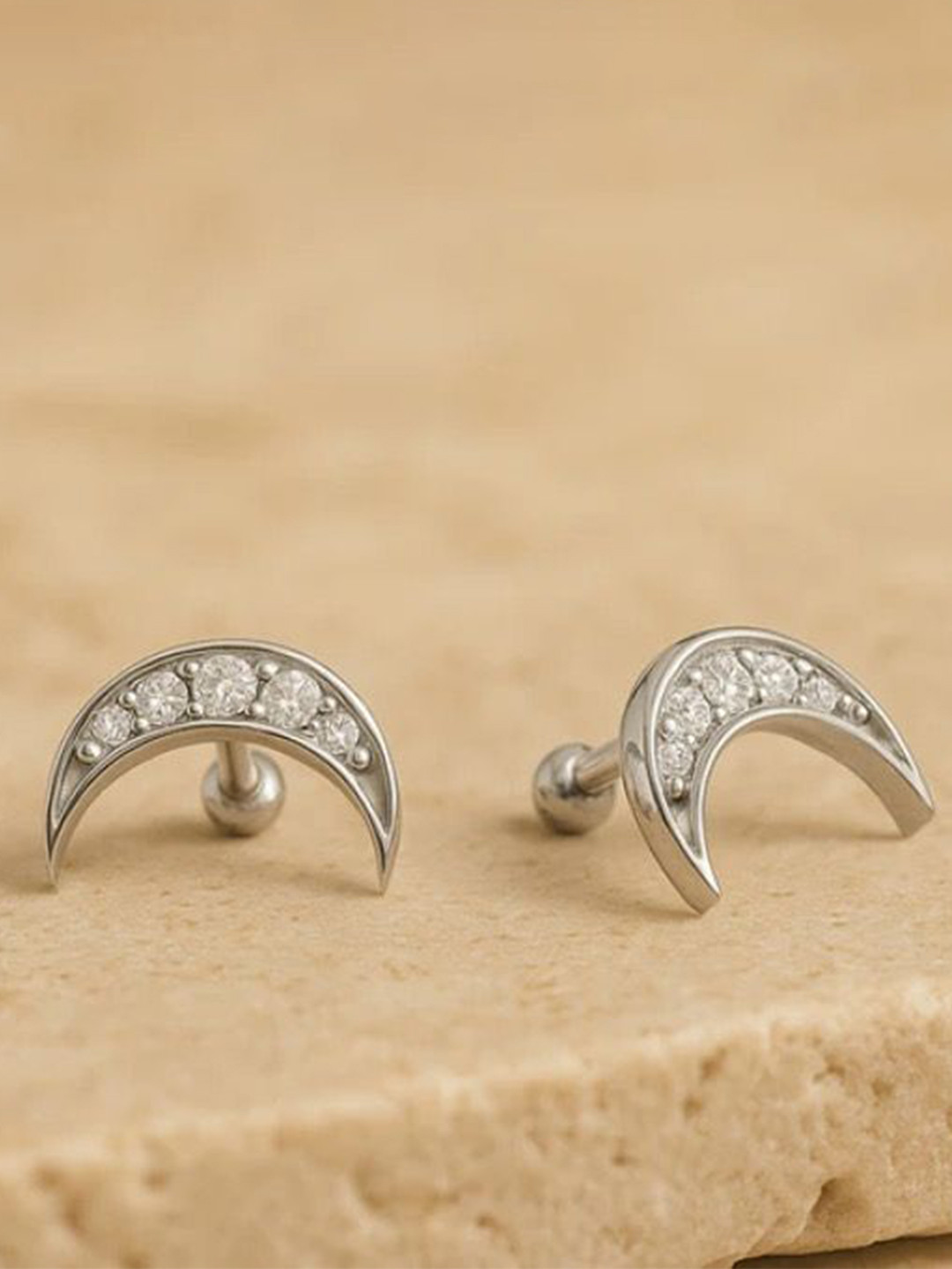 Anushka Jain Jewellery 925 Sterling Silver Crescent Shaped Diamond Lunar Studs Earrings