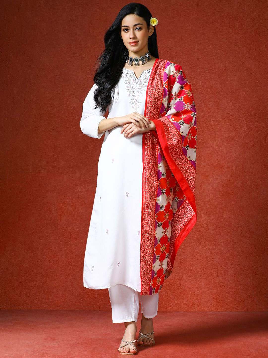 QSH Embroidered Floral Mirror Work Kurta Sets