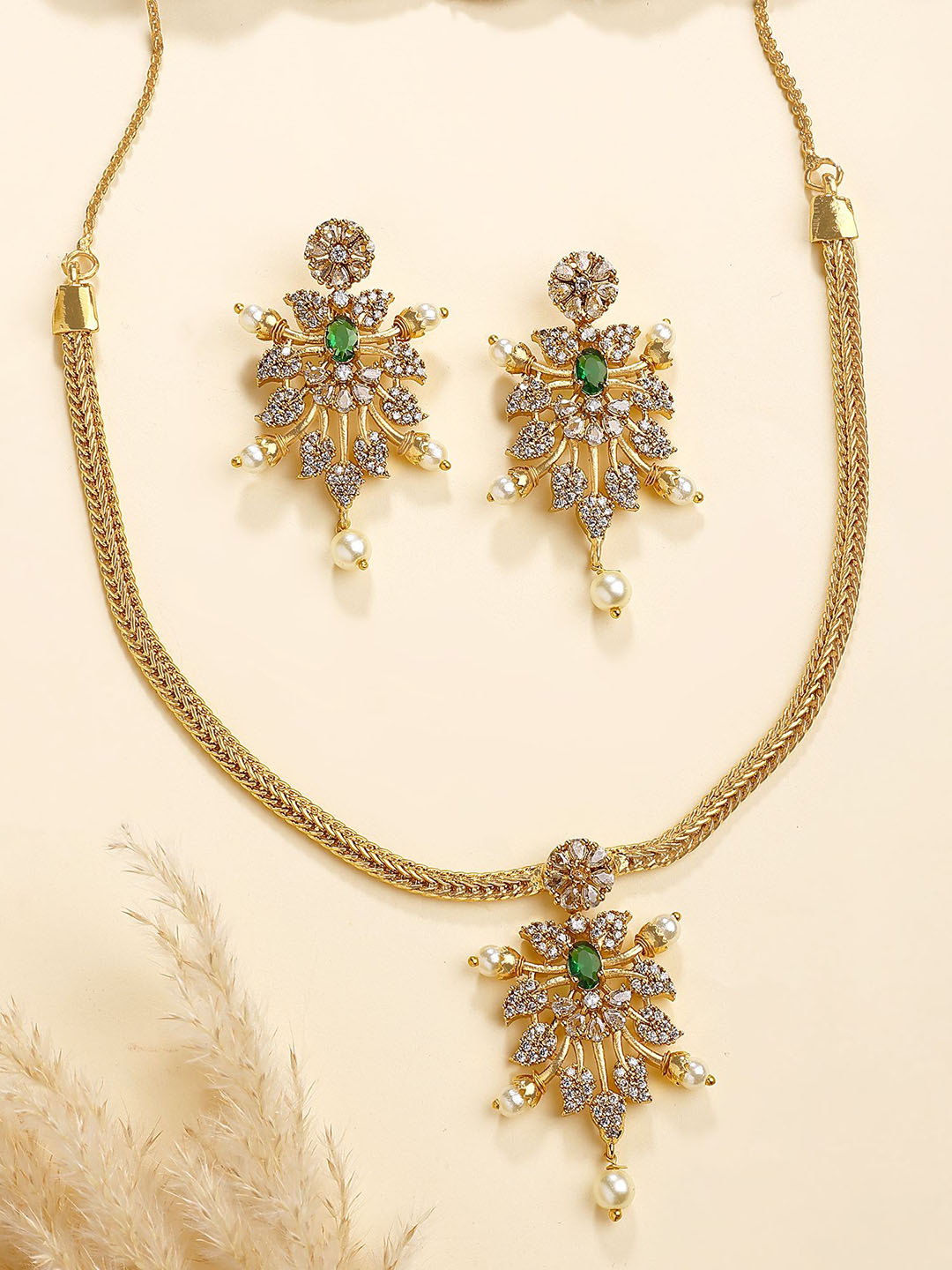KARATCART Gold-Plated American Diamond & Pearl Beaded Jewellery Set