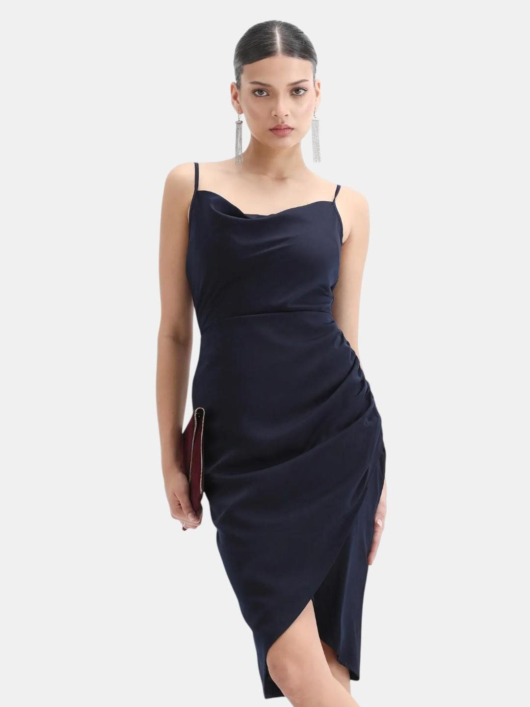 RAREISM Women Avilu Navy Shoulder Straps Zipper Closure Fitted Knee Length Plain Dress