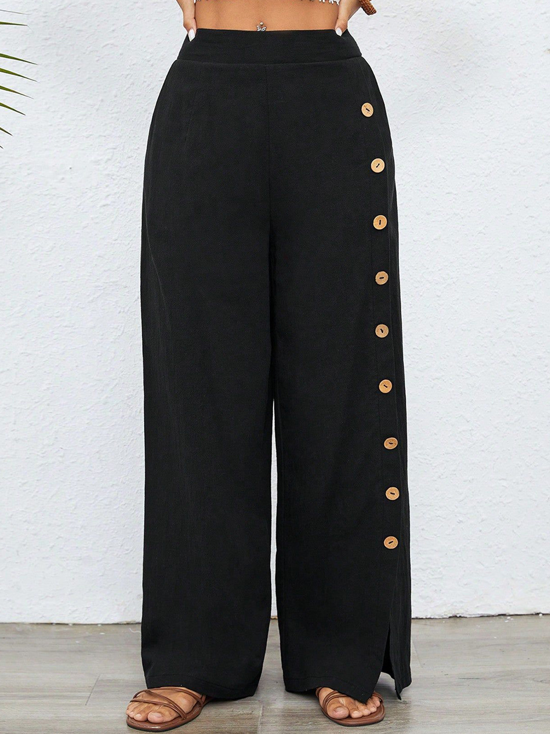 Outzidr Women Wide Leg Mid-Rise Side Button Detailing Pant Trouser