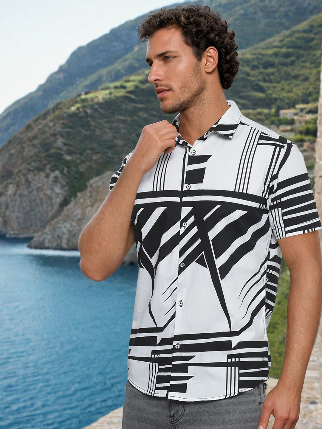 The Indian Garage Co Men White & Black Printed Cotton Shirt