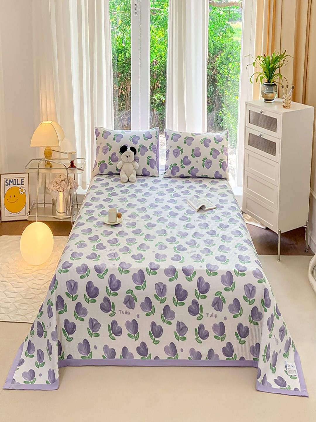 JC HOME White & Purple 3 Pieces Printed 162 GSM Single 3 Pcs Bed & Pillow Covers