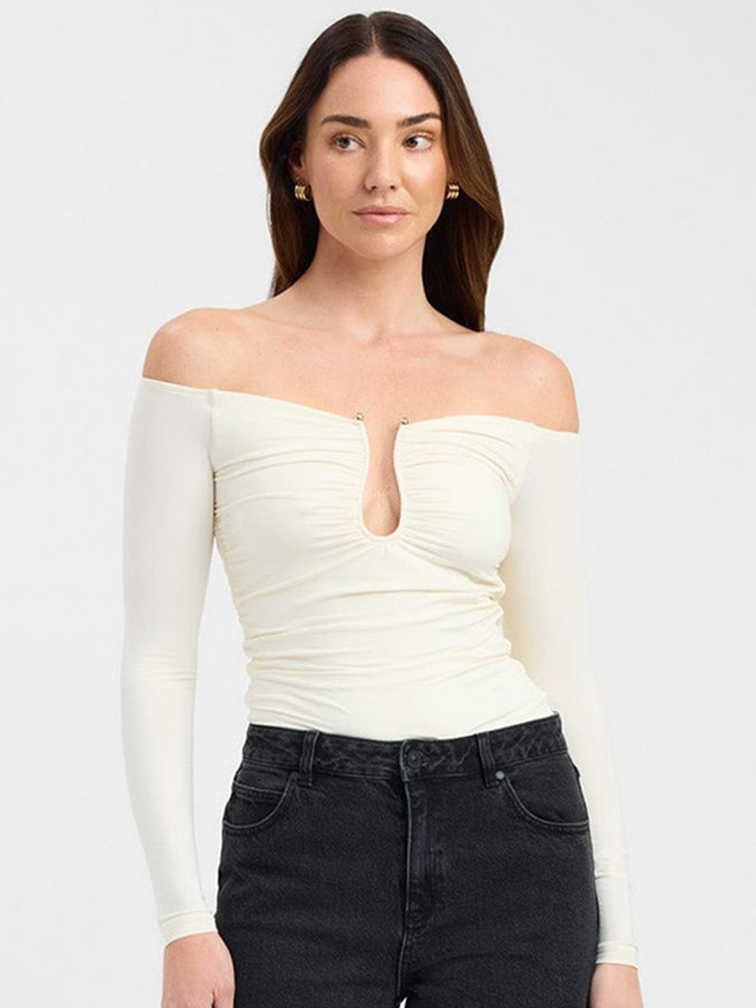 LULU & SKY Women Ruched Off-shoulder Long Sleeve Bardot Top