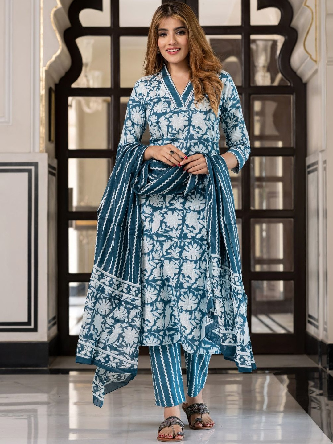 KALINI Women Teal Blue And Off White Pure Cotton Kurta Set with Dupatta