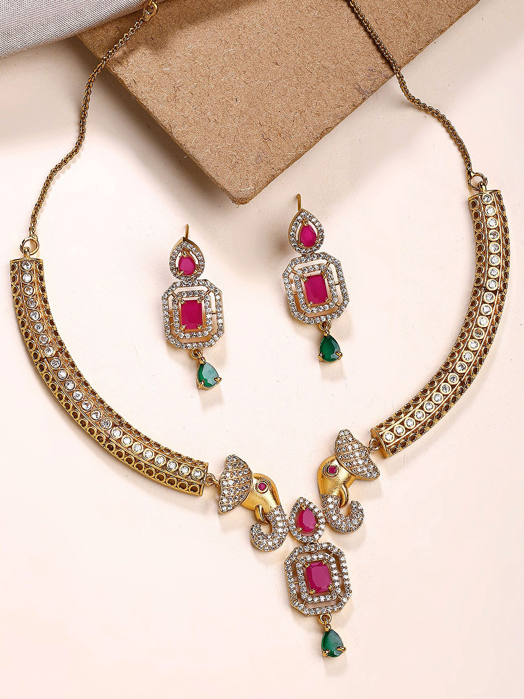 KARATCART Gold-Plated American Diamond Studded Elephant Motif Temple Jewellery Set