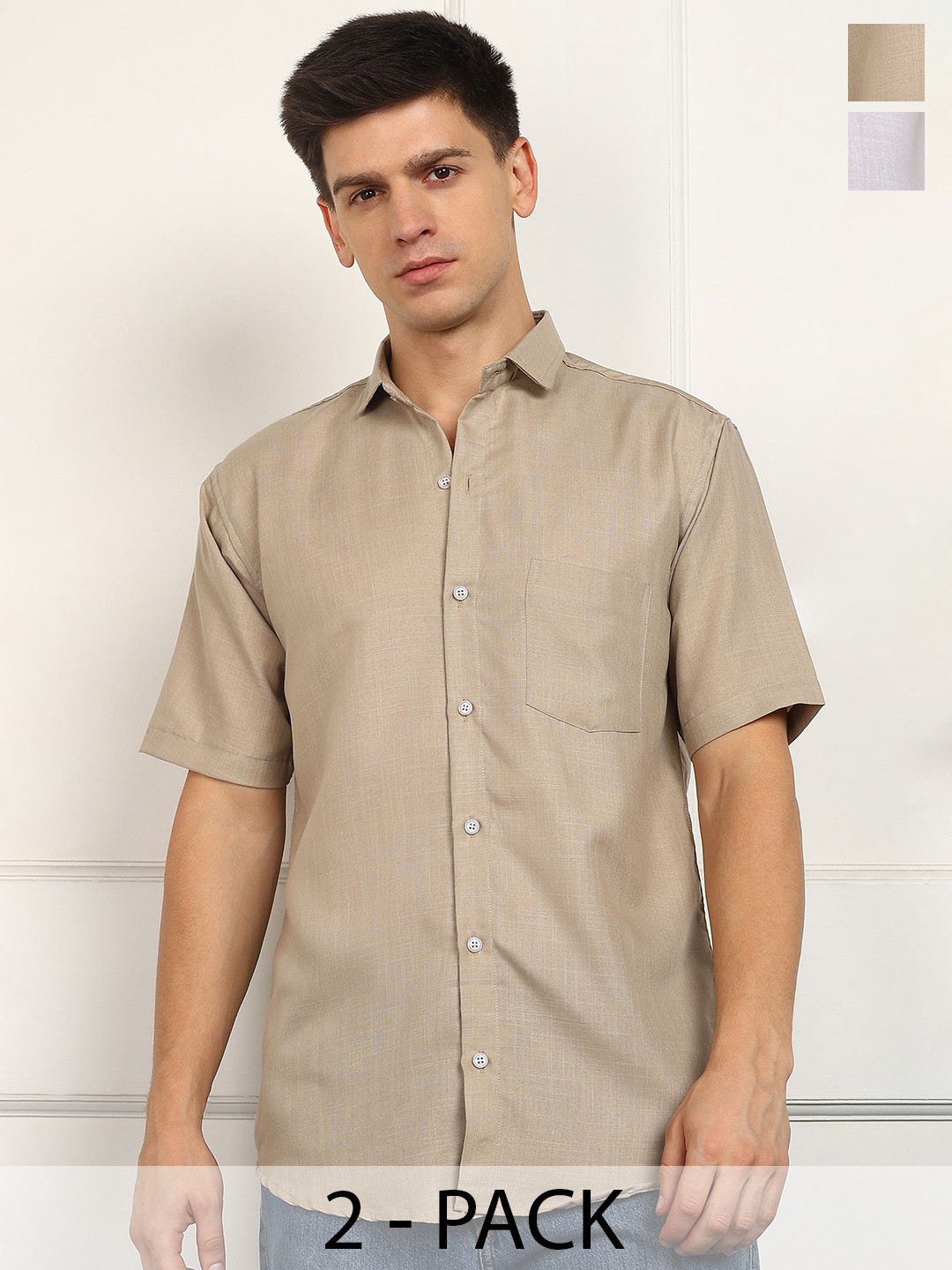 BROWN BROTHERS Pack Of 2 Spread Collar Short Sleeves Cotton Linen Shirt