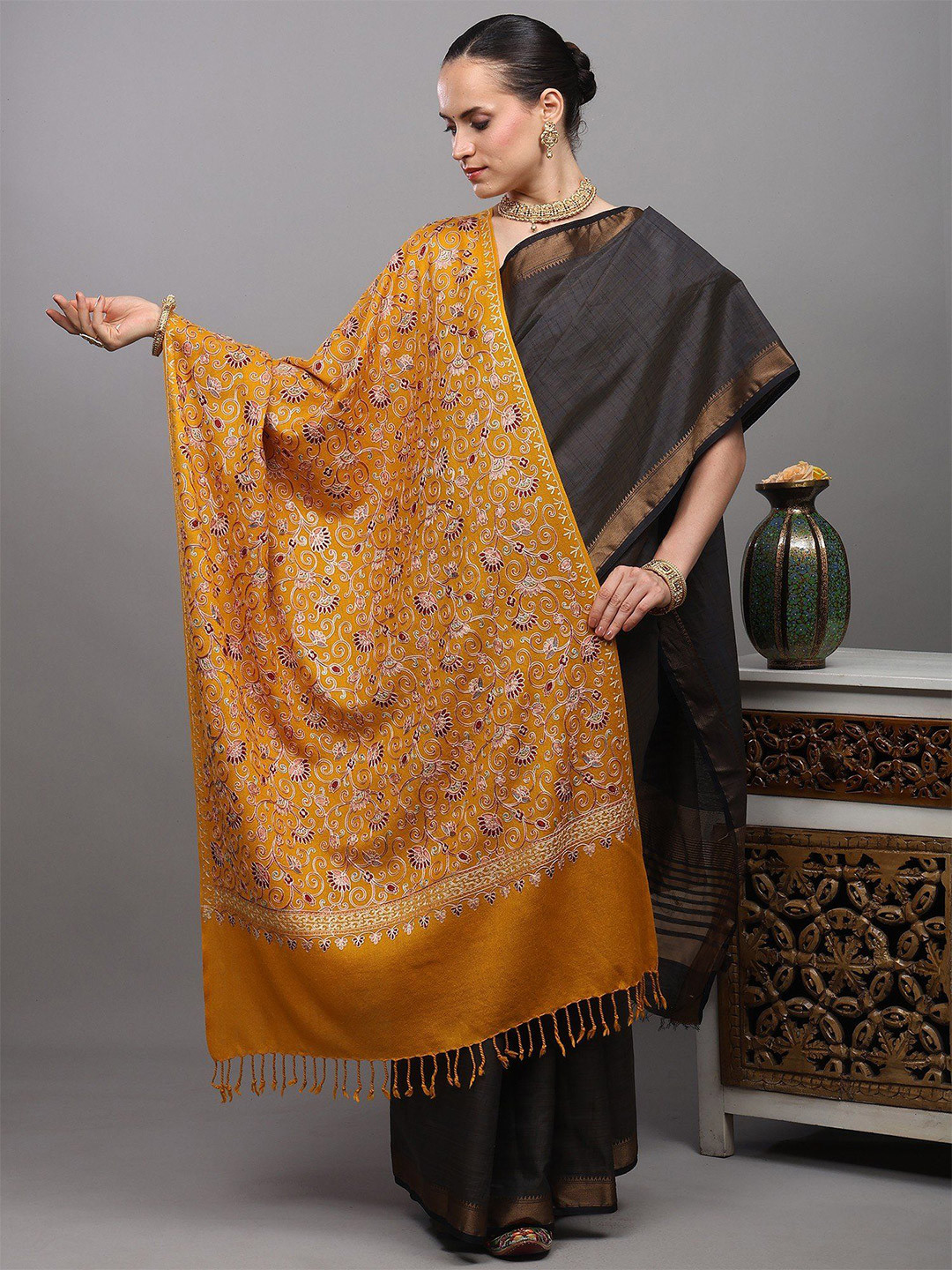 Exotic India Women Wool Stole from Amritsar with Intricate Sozni Embroidered Floral Vines