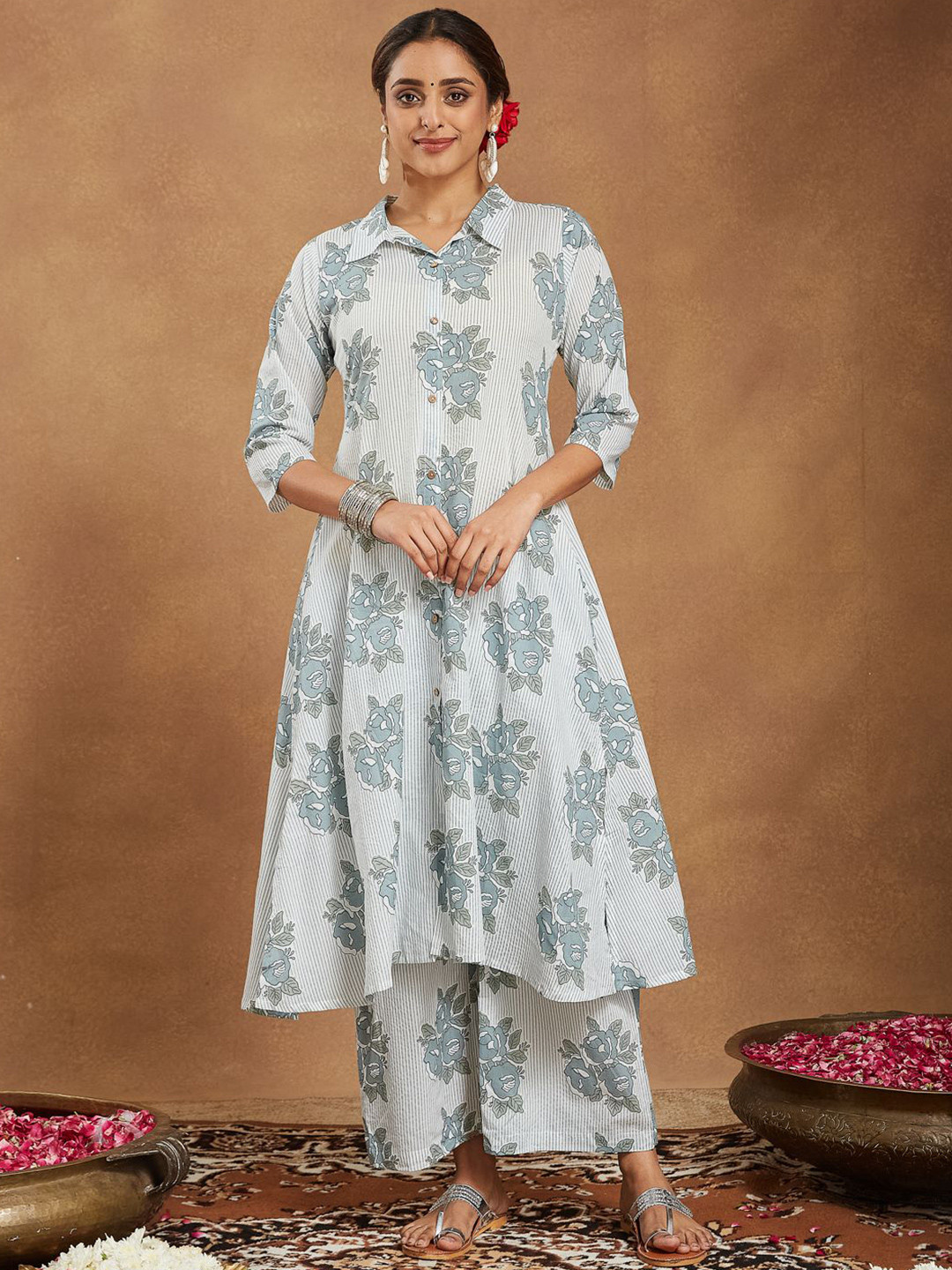 Janasya Women White Floral Printed A-line Shirt Style Pure Cotton Kurta with Pant Set