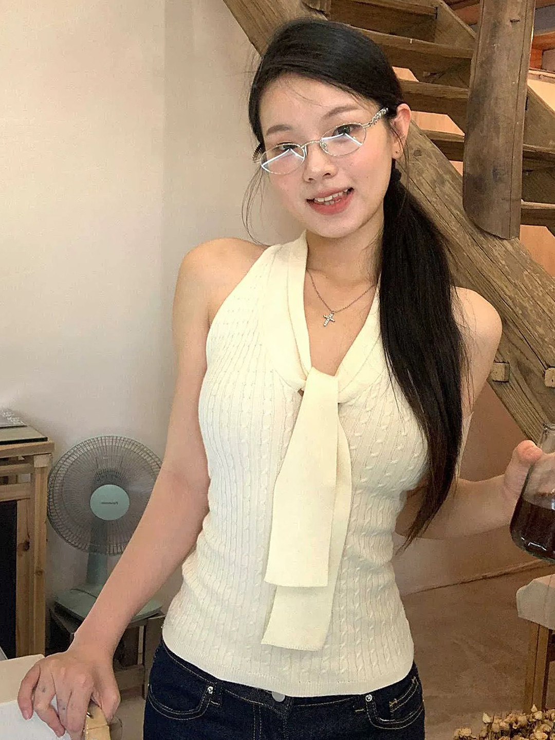 LULU & SKY Women Mock Scarf Detail Ribbed Fitted Top