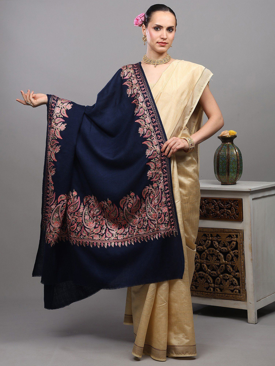 Exotic India Aari Embroidered Woollen Shawl From Amritsar With Paisleys Border