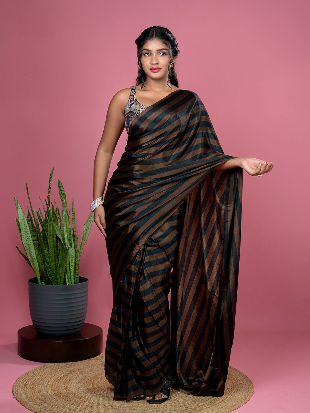 HELLA FASHIONS Striped Ready To Wear Satin Saree with Blouse Piece