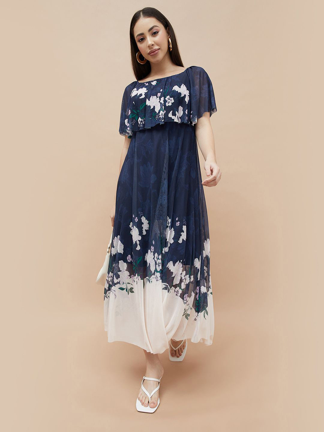 CODE by Lifestyle Women Floral Printed Cape Sleeve Fit & Flare Midi Dress