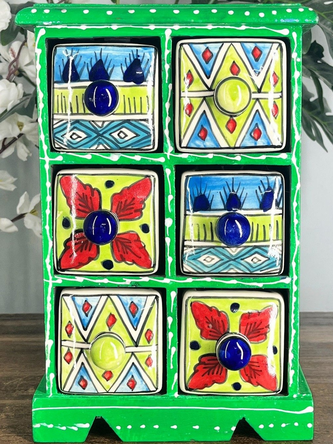 DIWAM HANDICRAFTS Handmade Wooden & Ceramic Drawer Chest Trinket Box