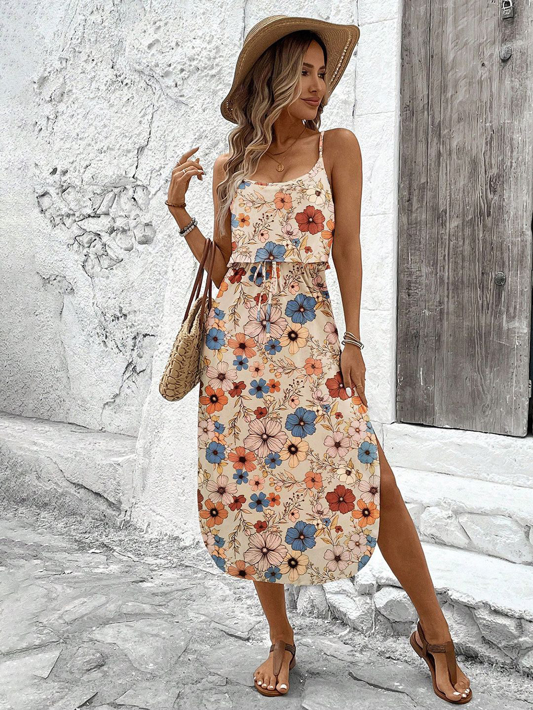 JC Mode Women Floral Printed Lace-Up Sleeveless A-Line Midi Dress
