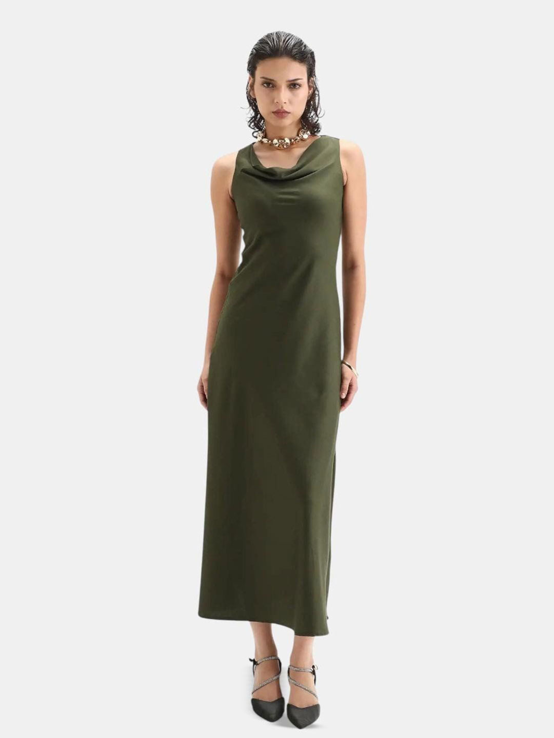 RAREISM Women Plain Cowl Neck Fit And Flare Midi Dress