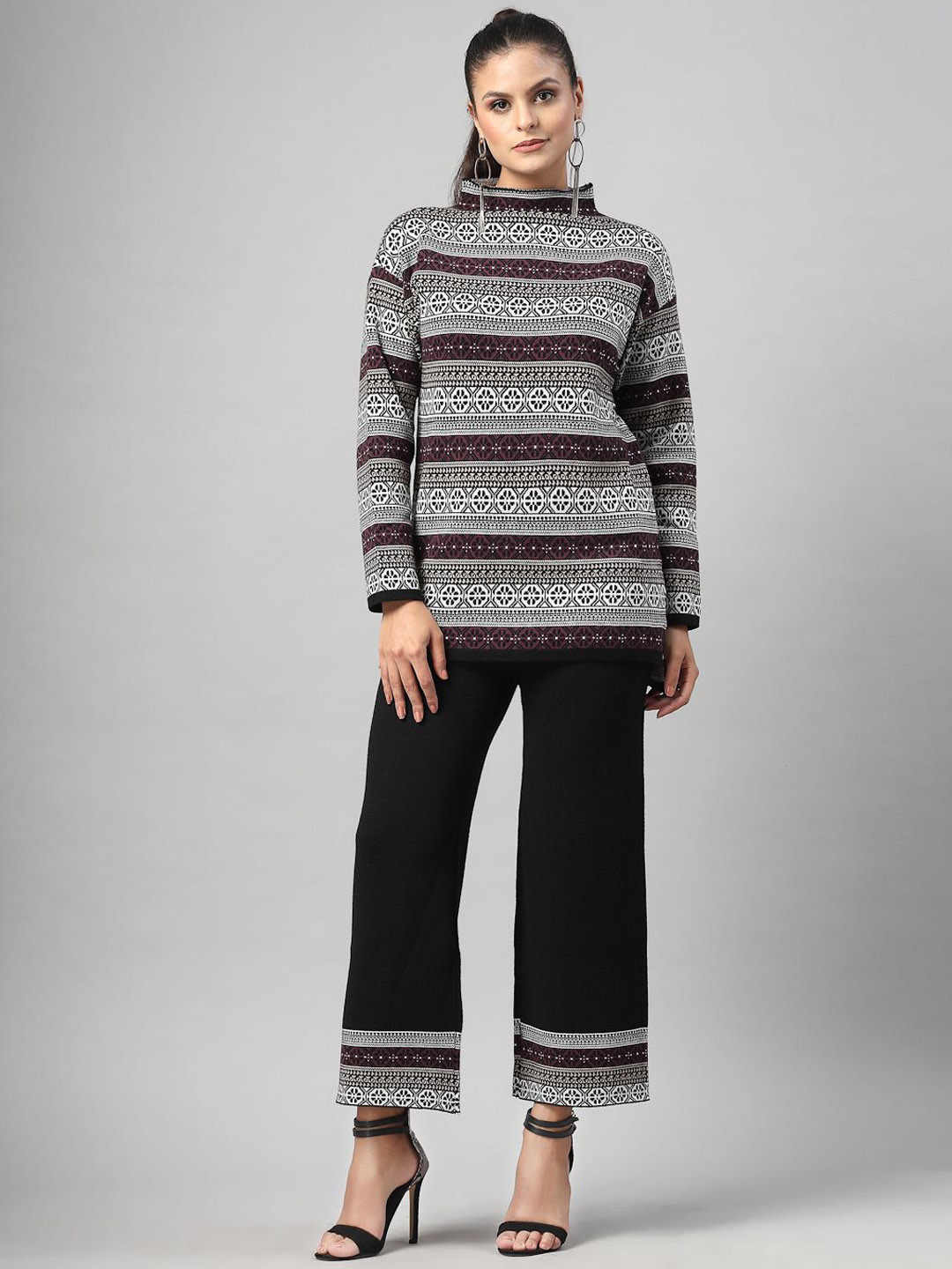 Mafadeny Printed Winter Mock Neck Sweater & Wide-Leg Pants