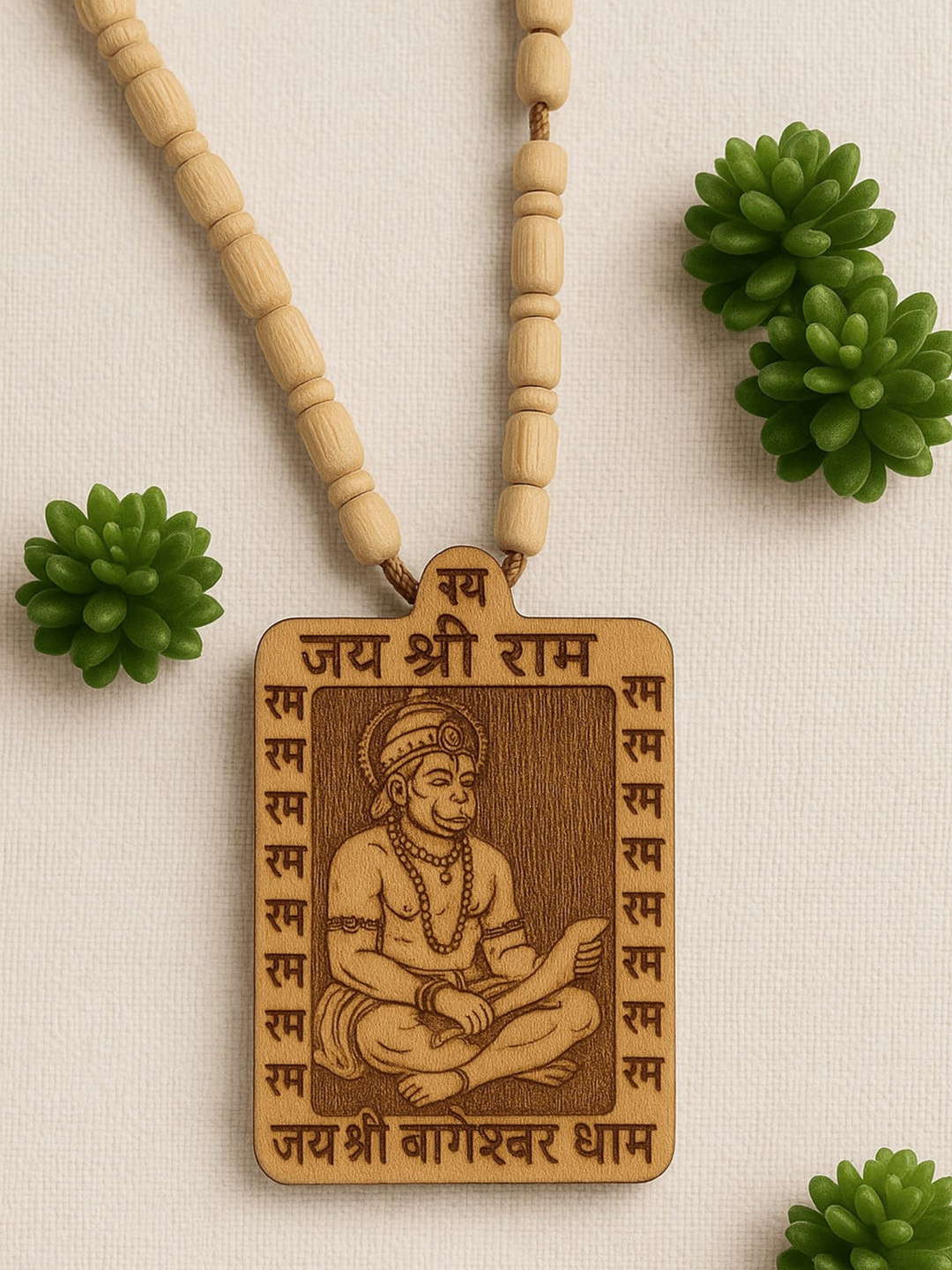 Anek goods Unisex Spiritual Hanuman Ram Pendant Wooden Beaded Chain
