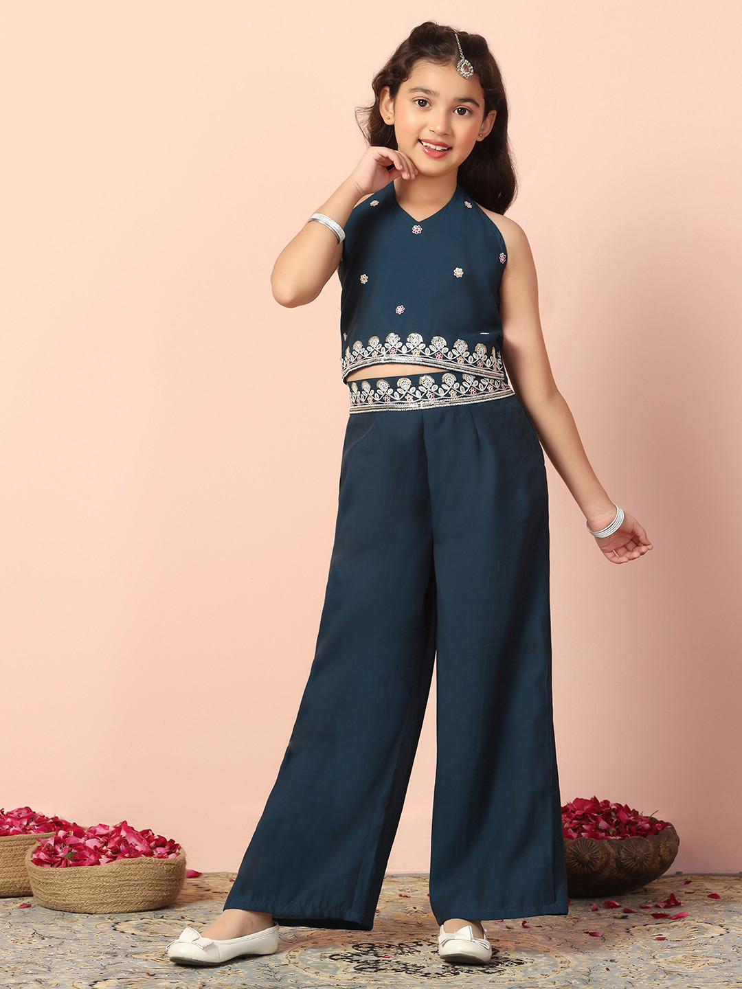 Sangria Girls Blue Chanderi Embroidered Halter Neck Silk Crop Top With Palazzo Set