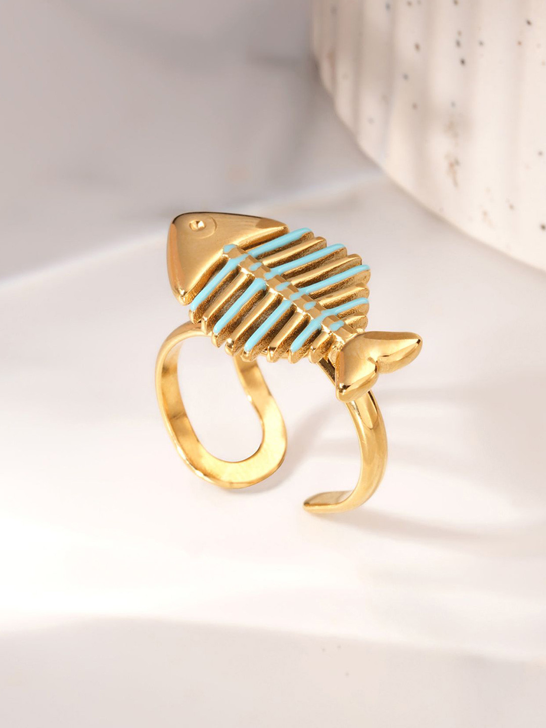 PALMONAS Aqua Fishbone Open Ring for Womens Waterproof & Anti-Tarnish