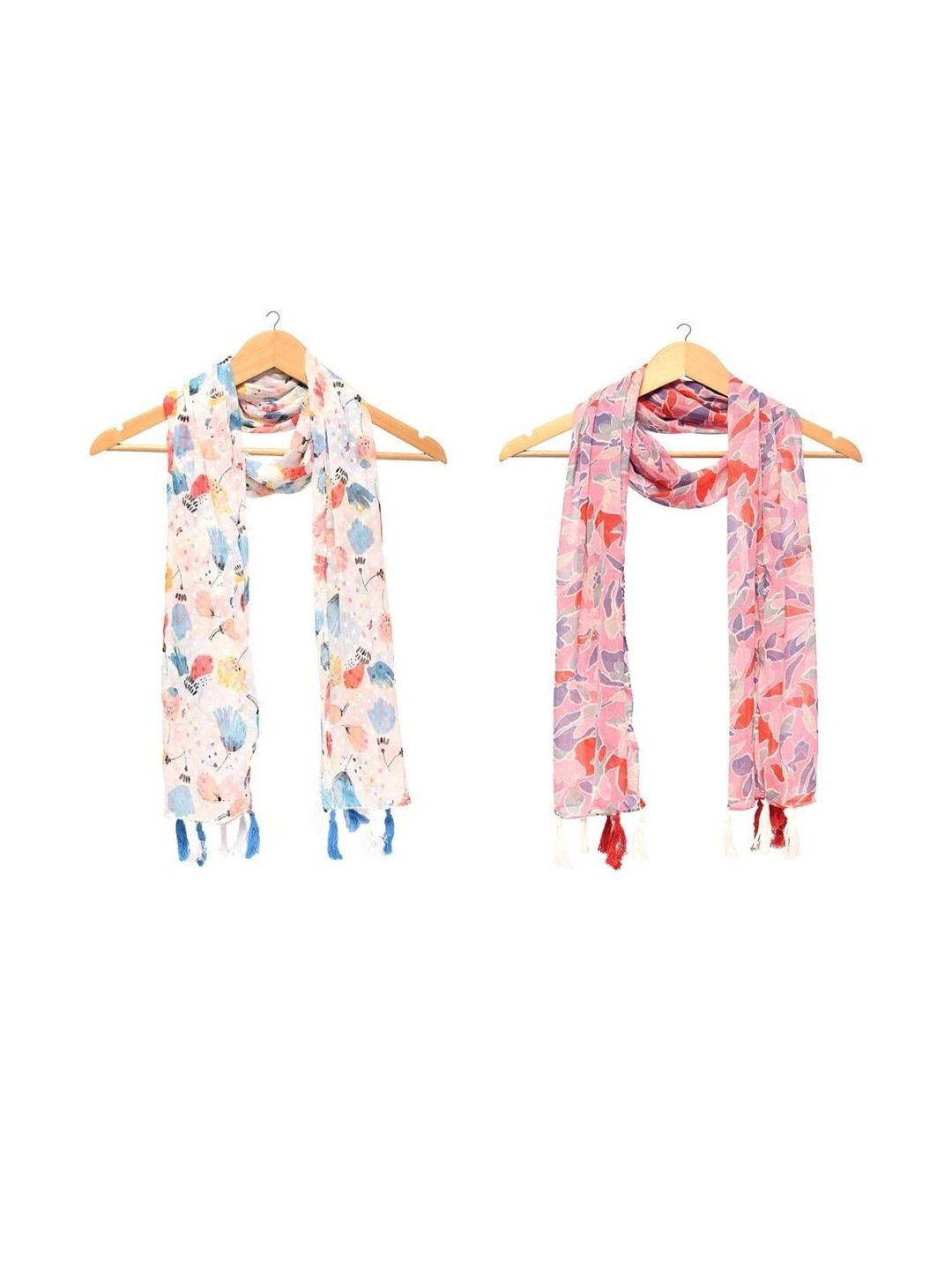 StoleVilla Pack Of 2 Floral Printed Tasseled Border Stoles
