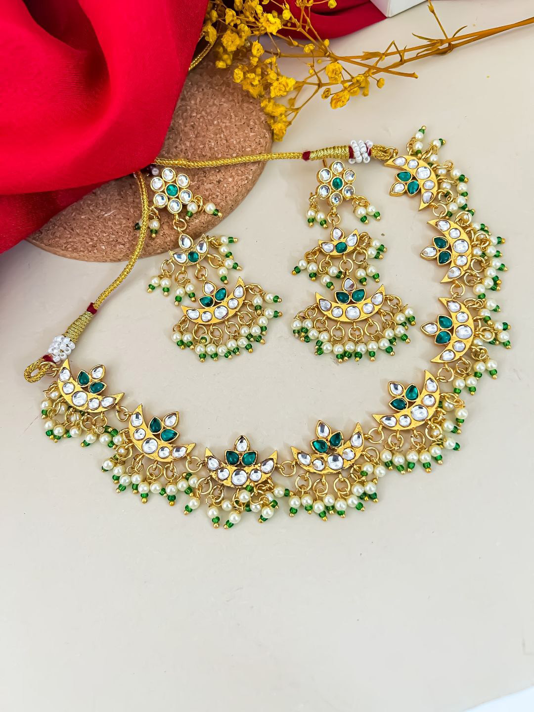 Zeviel Gold-Plated Kundan Studded And Beaded Choker Necklace With Jhumka Earrings Set
