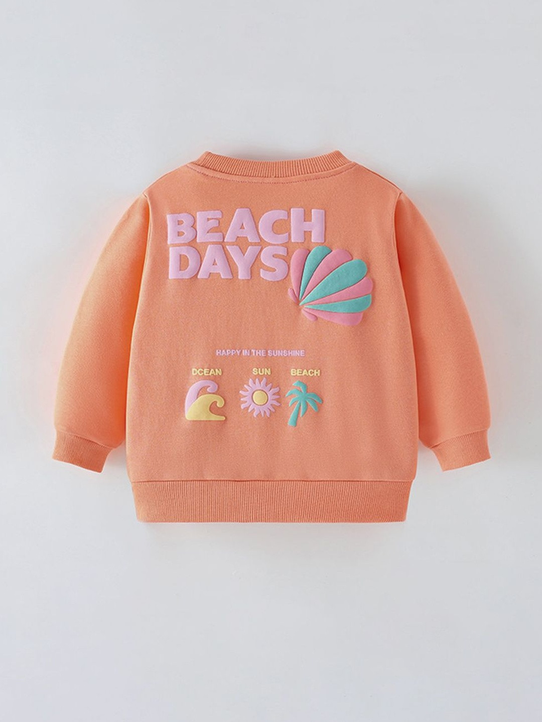 YK Girls Peach & Pink Applique Embellished Round Neck Cotton Sweatshirt