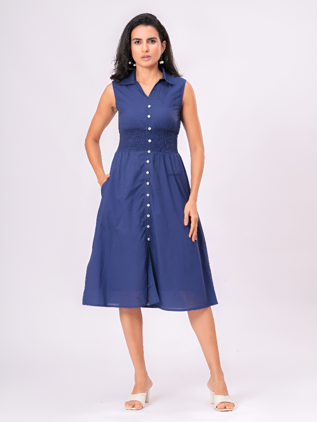 Garin  Women Blue Solid Cotton Western Sleeveless Button Down  A-Line Midi Dress