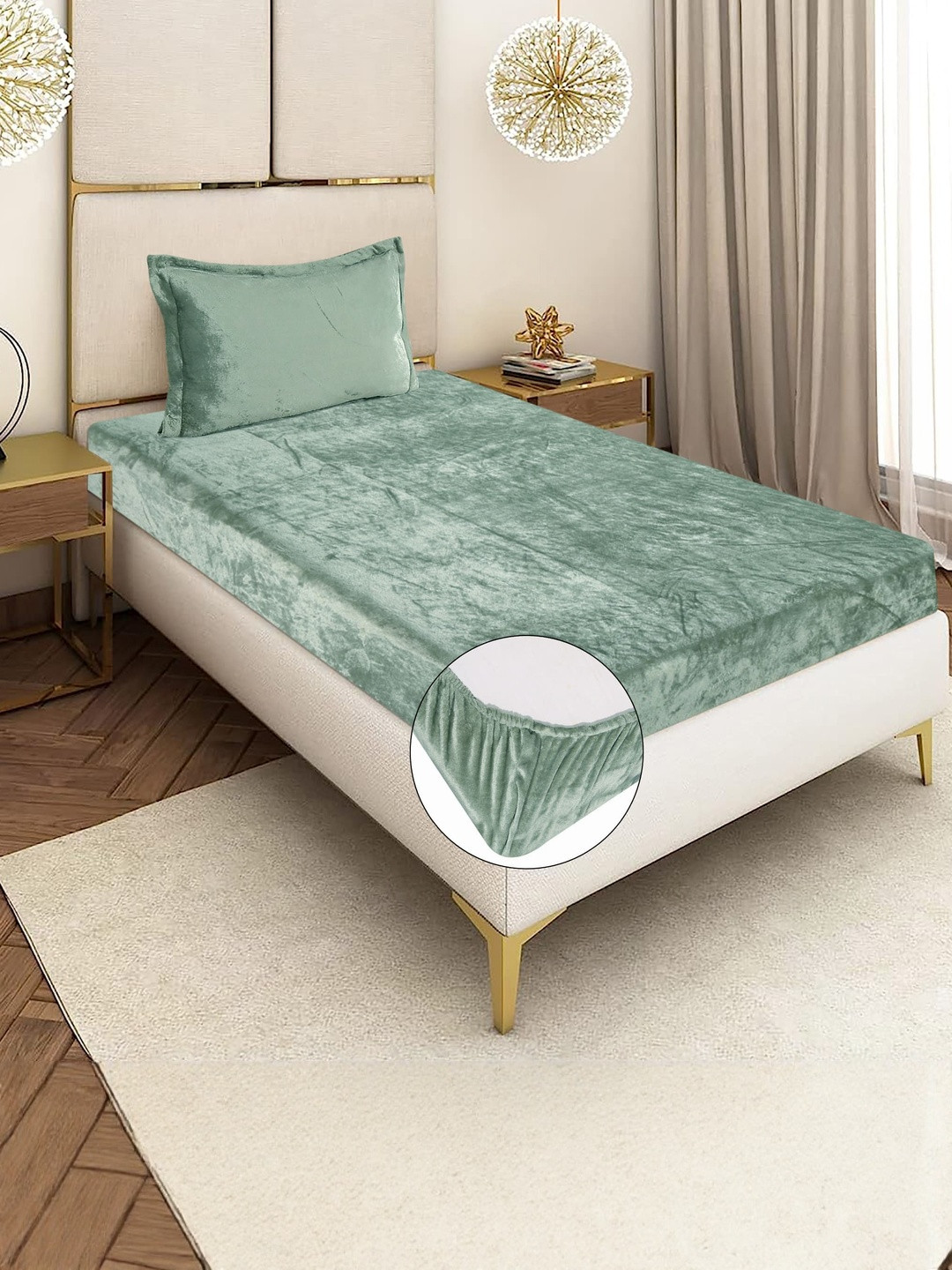 REALDREAM Green Velvet 300 TC Single Bedsheet with 1 Pillow Covers
