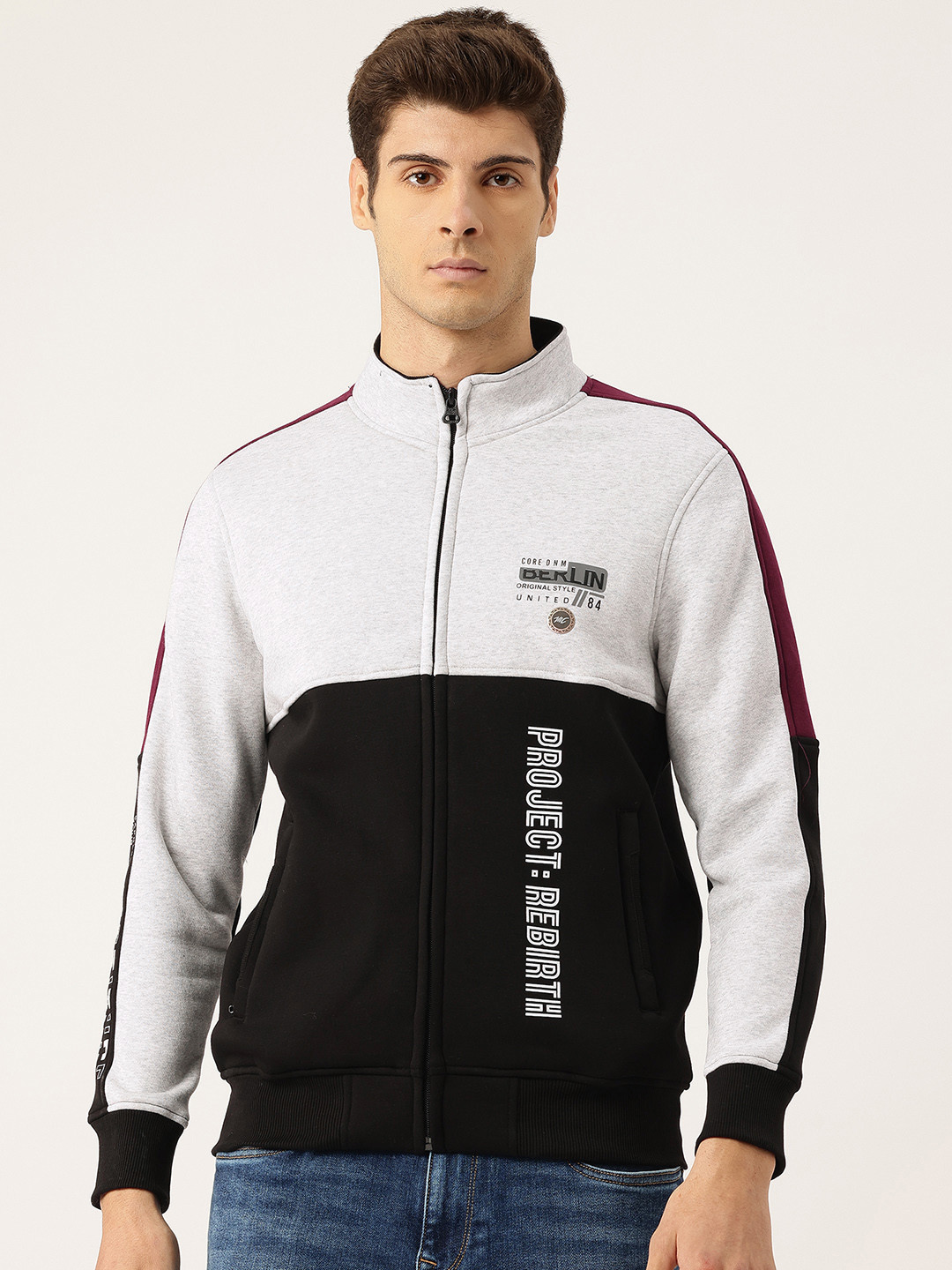 Monte Carlo Colourblocked Mock Collar Cotton Front-Open Sweatshirt with Inner Fleece