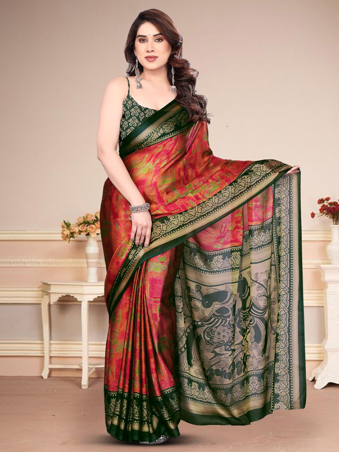 BilloRani Abstract Printed Saree With Blouse Piece