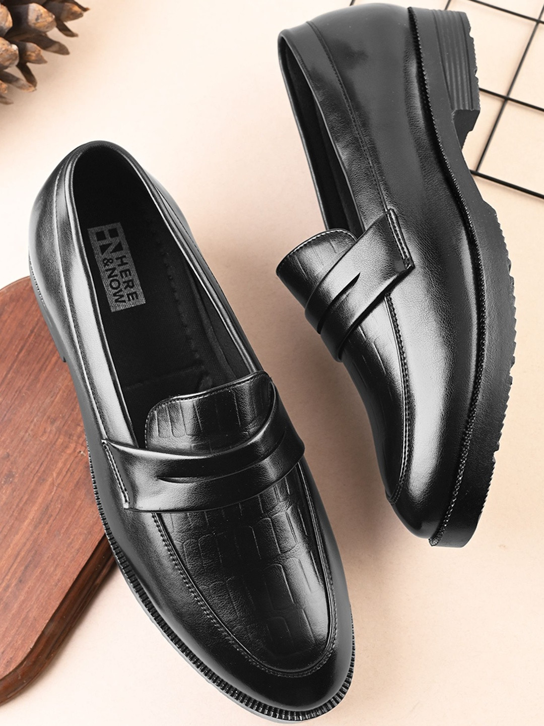HERE&NOW Men black solid leather formal slip on durable moccasins loafers shoes