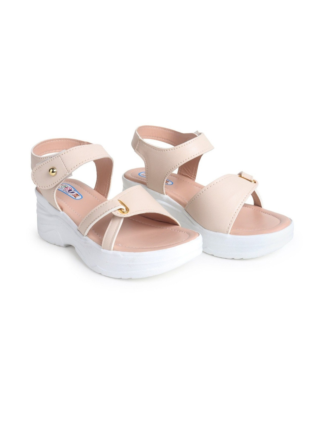 CST Lifestyle Women Cream Open Toe Solid Synthetic Leather Wedge Sandals