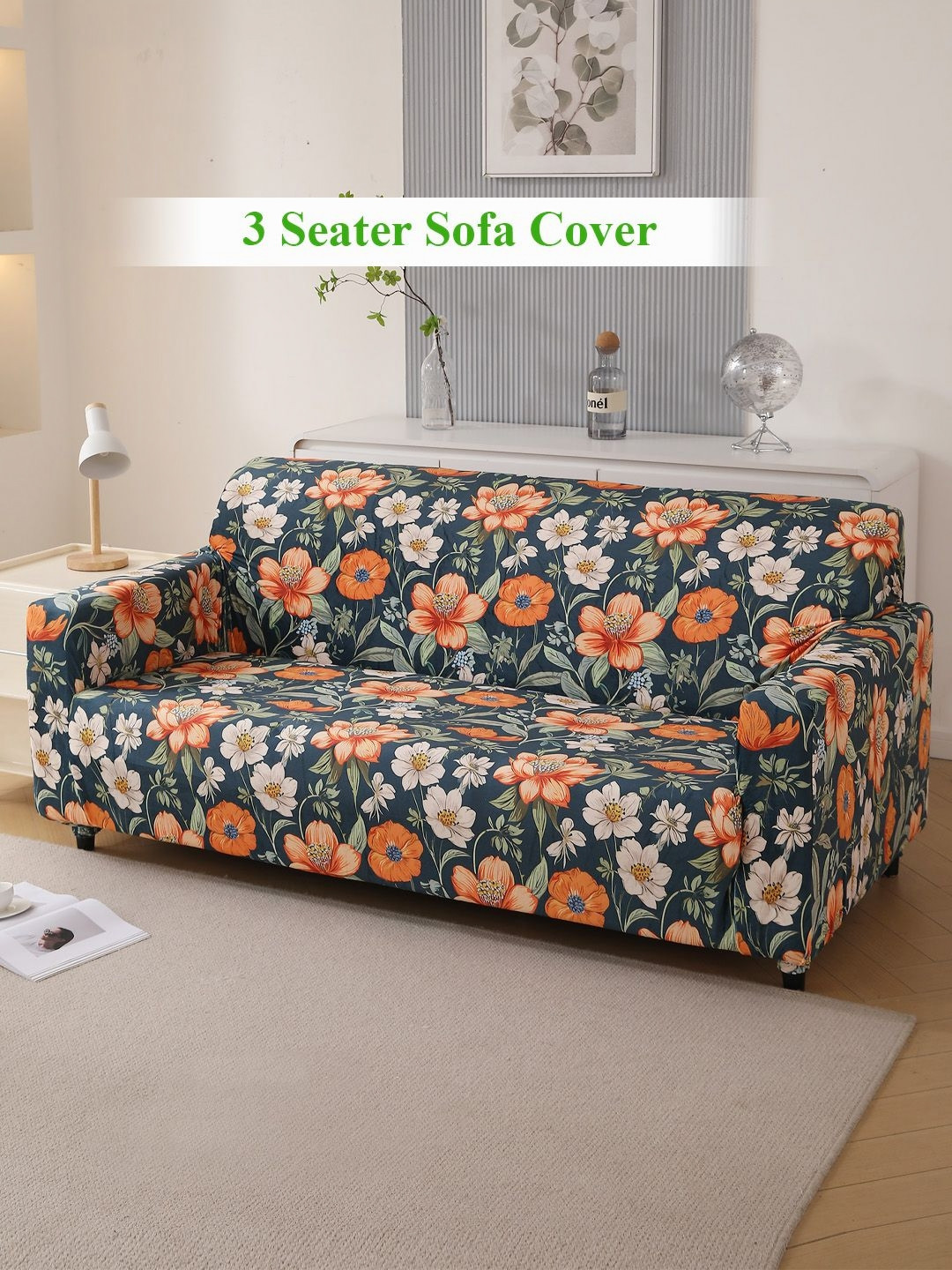 HOKIPO Teal & Blue Floral Printed Velvet 3 Seater Sofa Cover With Arms