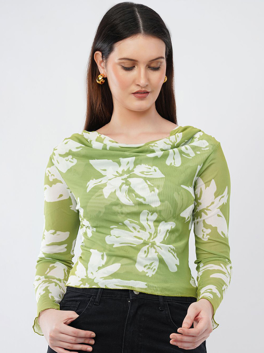 Deshi Girl Women Floral Printed Cowl Neck Long Sleeve Top